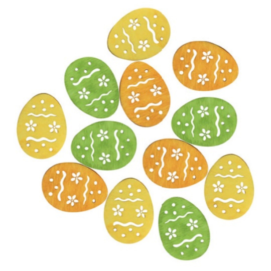 Vajíčka dřevěná žlutá, oranžová a zelená 4 cm 12 kusů