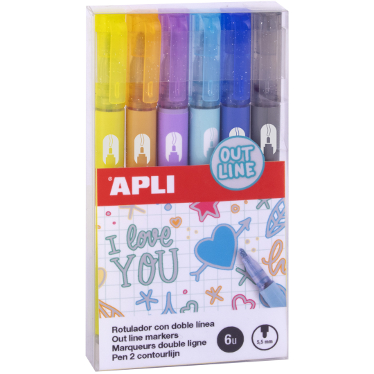 Apli Outline Marker popisovač s kulatým hrotem 5,5 mm pro dvoubarevné psaní 6 kusů, sada