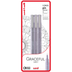 Uni Pin Graceful Grey Sada kreslících linerů se speciálním inkoustem 0,1/0,5 mm/štětec Světle šedá 3 kusy