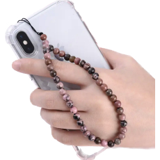 Rodonit přívěsek na mobilní telefon proti ztrátě, přírodní kámen korálek 6 mm / 28,5 cm, kámen odpuštění