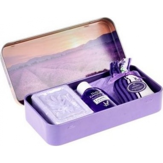 Esprit Provence Levandule toaletní mýdlo 60 g + vonný pytlík + esenciální olej 12 ml + plechová krabička s obrázkem levandulového pole, kosmetická sada pro ženy