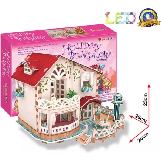 CubicFun Puzzle 3D svítící Holiday Bungalow Dollhouse Chatka pro panenky 114 dílků pro děti 29 x 26 x 23 cm