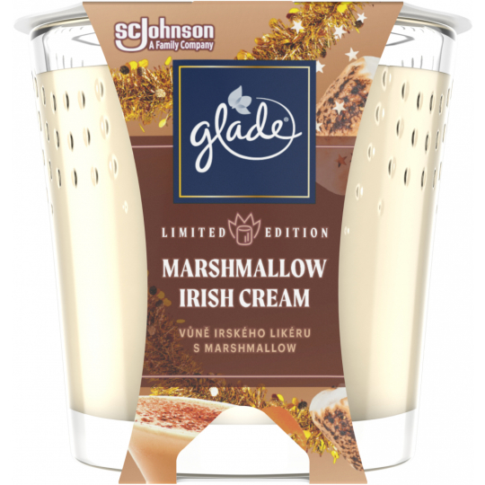 Glade Marshmallow Irish Cream s vůní irského likéru a marshmallow vonná svíčka ve skle, doba hoření až 38 hodin 129 g