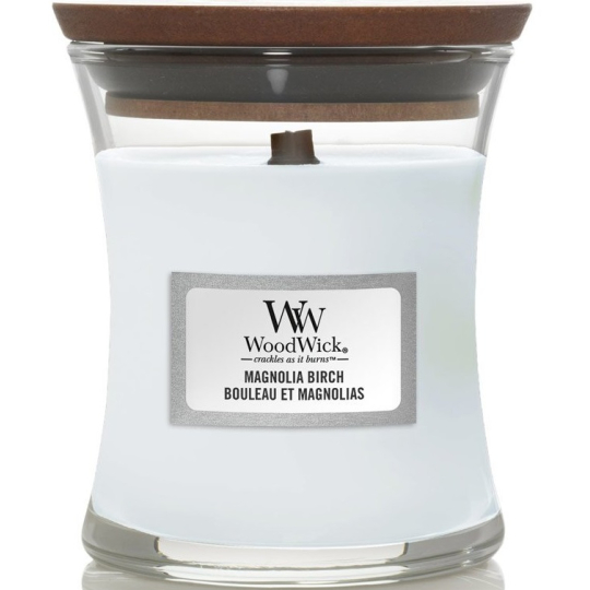 WoodWick Magnolia Birch - Magnólie a bříza vonná svíčka s dřevěným knotem a víčkem sklo malá 85 g