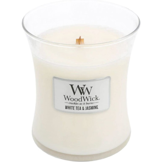 WoodWick White Tea & Jasmine - Bílý čaj a Jasmín vonná svíčka s dřevěným knotem a víčkem sklo střední 275 g