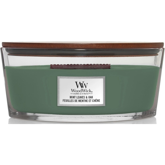 WoodWick Mint Leaves & Oak - Mátové lístky a dub vonná svíčka s dřevěným širokým knotem a víčkem sklo loď 453 g