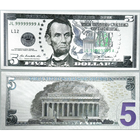 Talisman postříbřená dolarová bankovka 5 USD
