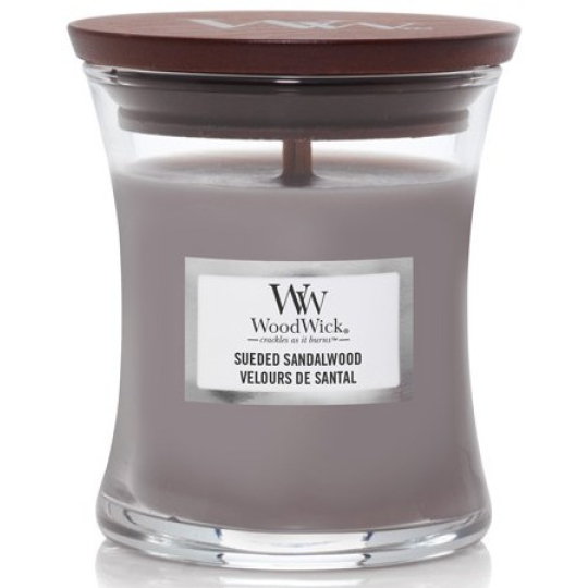 WoodWick Suede & Sandalwood - Semišové santalové dřevo vonná svíčka s dřevěným knotem a víčkem sklo malá 85 g