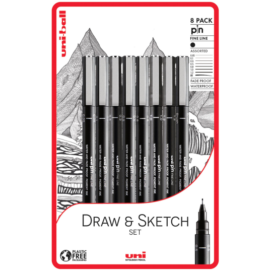 Uni Pin Draw & Sketch Calligraphy Sada kreslících linerů se speciálním inkoustem 0,05/0,1/0,3/0,5/0,8/1,0/1,2/štětec Černá 8 kusů