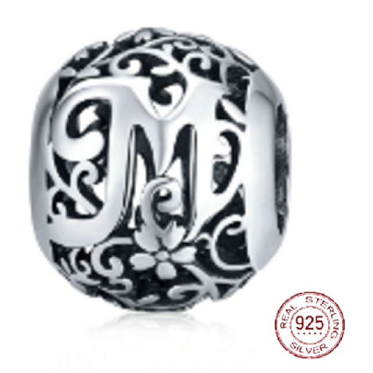 Charm Sterlingové stříbro 925 Kouzelná abeceda písmeno M s květinami, korálek na náramek
