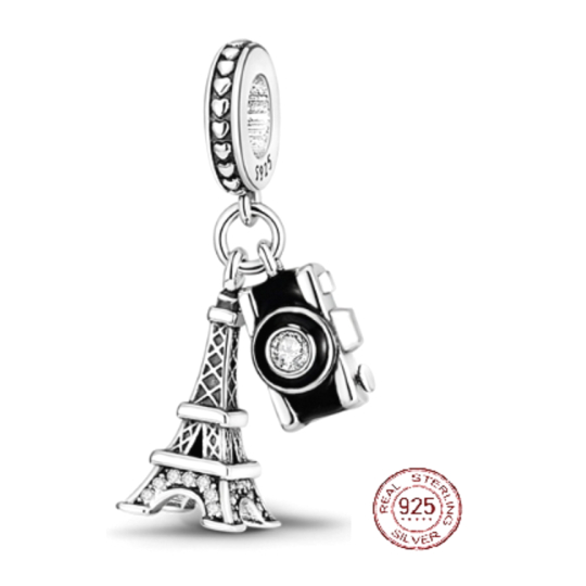 Charm Sterlingové stříbro 925 Paříž Eiffelova věž + fotoaparát, pozdrav z Francie, 2v1 přívěsek na náramek cestování