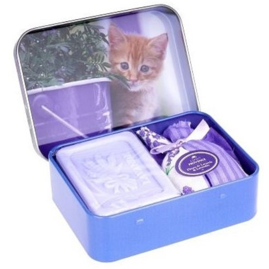 Esprit Provence Levandule toaletní mýdlo 60 g + vonný pytlík + plechová krabička s obrázkem kotěte, kosmetická sada pro ženy