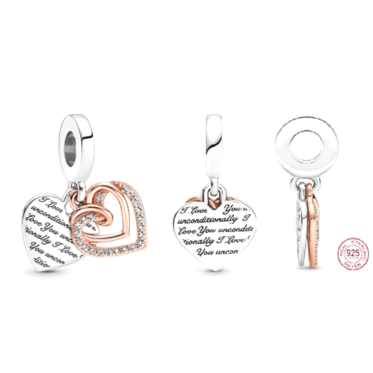 Charm Sterlingové stříbro 925 Rose Bezpodmínečná láska - propletené srdce, 2v1 přívěsek na náramek láska