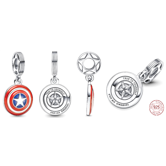 Charm Sterlingové stříbro 925 Marvel The Avengers, Štít Kapitána Ameriky, přívěsek na náramek