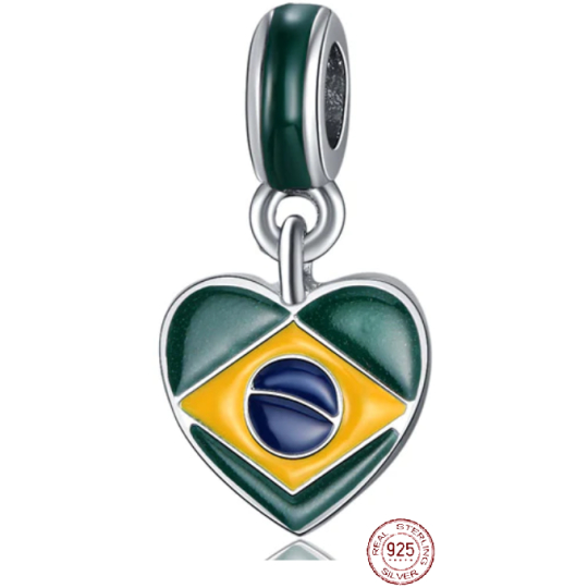 Charm Sterlingové stříbro 925 Brazilská vlajka - srdce, kávové zrno, přívěsek na náramek cestování