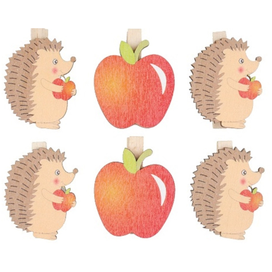 Dřevění ježci a jablíčka na kolíčku 4 cm 6 kusů