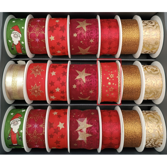 Nekupto Stuha látková vánoční Červená zlaté hvězdičky, okraj 25 mm x 2,5 m