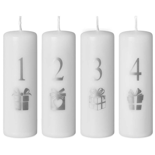 Emocio Advent Dárek s čísly stříbrný potisk svíčka bílá válec 40 x 120 mm 4 kusy