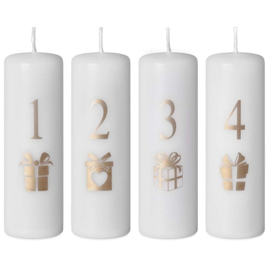 Emocio Advent Dárek s čísly zlatý potisk svíčka bílá válec 40 x 120 mm 4 kusy