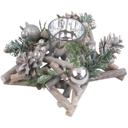 Vánoční dřevěný svícen ve tvaru hvězdy se stříbrnými doplňky a šiškami 20 cm