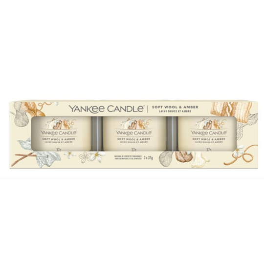 Yankee Candle Soft Wool & Amber - Jemná vlna a ambra vonná svíčka votivní ve skle 3 x 37 g, dárková sada