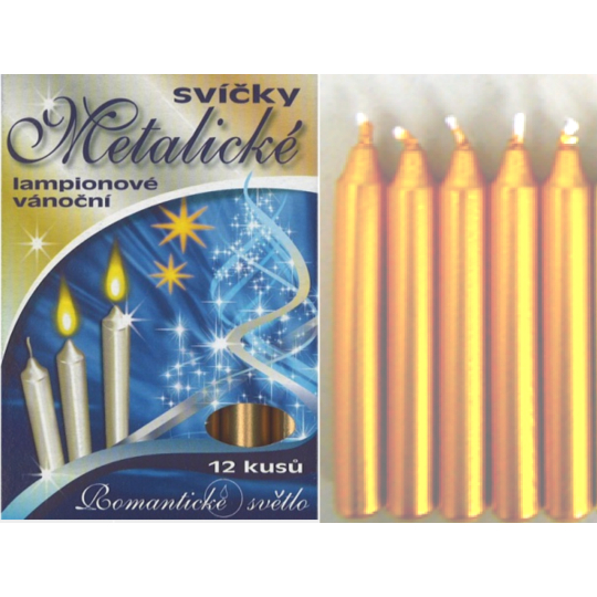 Romantické světlo Vánoční svíčky krabička hoření 90 minut metalická zlatá 12 kusů