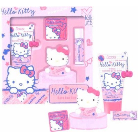 Hello Kitty Plovoucí mýdlo 50 g + sprchový gel 50 ml + balzám na rty 4,5 g + koupelová žínka 1 kus dívčí kazeta