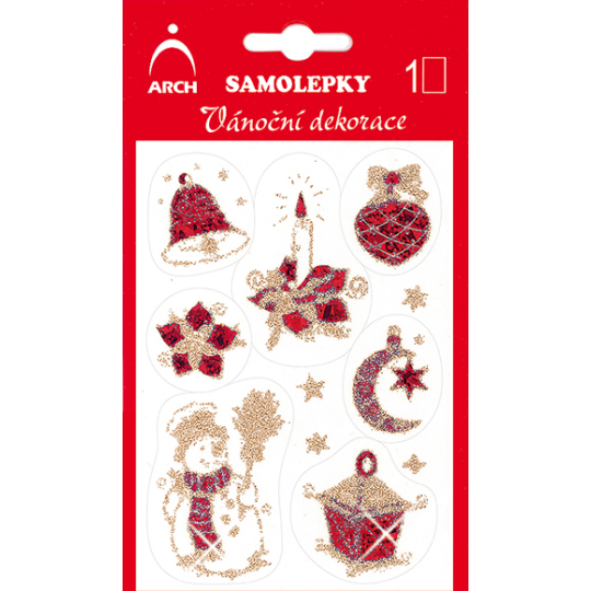 Arch Holografické dekorační samolepky vánoční s glitry 706-GG červeno-zlaté 8,5 x 12,5 cm