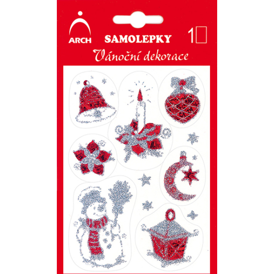 Arch Holografické dekorační samolepky vánoční s glitry 706-SG červeno-stříbrné 8,5 x 12,5 cm