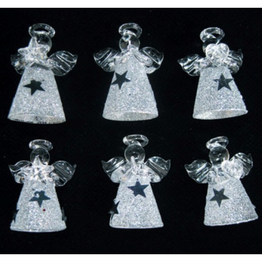 Andělé ze skla sada 6 kusů s bílou sukní se stříbrnými hvězdami 4,5 cm