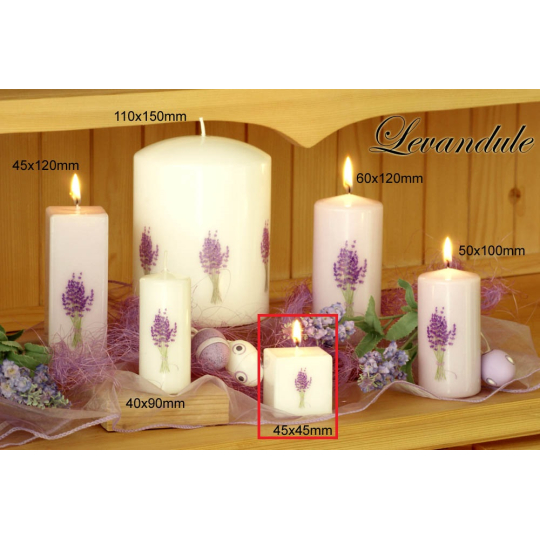 Lima Květina Levandule vonná svíčka světle fialová s obtiskem levandule krychle 45 x 45 mm 1 kus